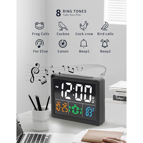 Digital väckarklocka, med 5,5\" stor LED-tidsdisplay, justerbar larmvolym, 6 nivåer ljusstyrka, larminställningar, USB-laddare, temperatur 5,5\"