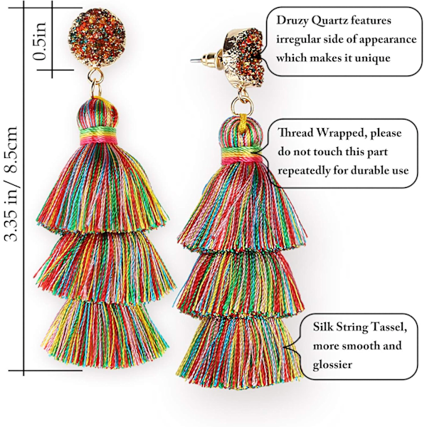 Färgglada flerskiktade tofspendientes bohemiska flerskiktade tofspendientes druzy stud dangle drop