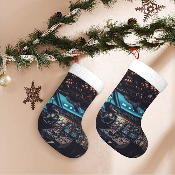 Julstrumpor i Sammet med Flygplanscockpit-Motiv - Klassiska Julstrumpor med Vit Supermjuk Plyschkant - Hängande Ornament Dekorationer