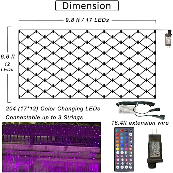 204 LED Net Lights, 9,8ft x 6,6ft Farveskiftende Jule Mesh String Lights, Sammenkædelig Fe Lys Vandtæt Udendørs Julepynt