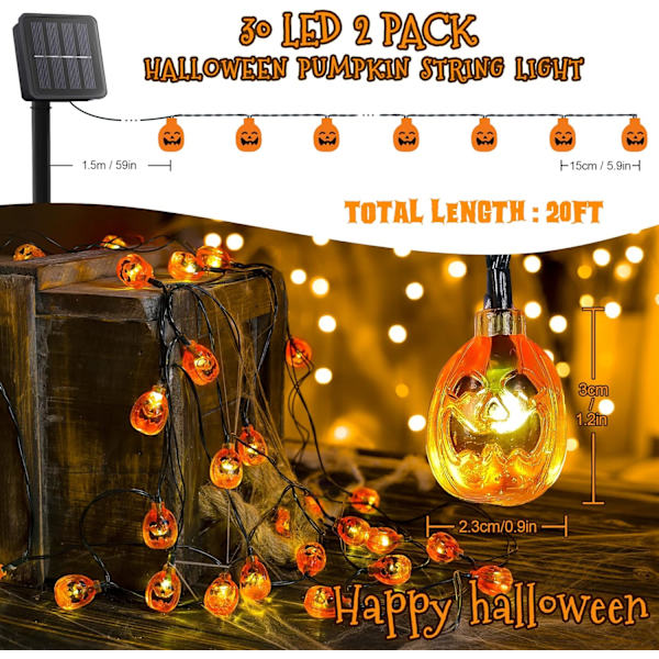 2 Pakke Solcelledrevne Halloween Græskar Lyskæder, 20ft, 30 LED'er, 8 Lystilstande, Vandtætte, Indendørs/Udendørs Brug Orange Græskar, 2PAKKE
