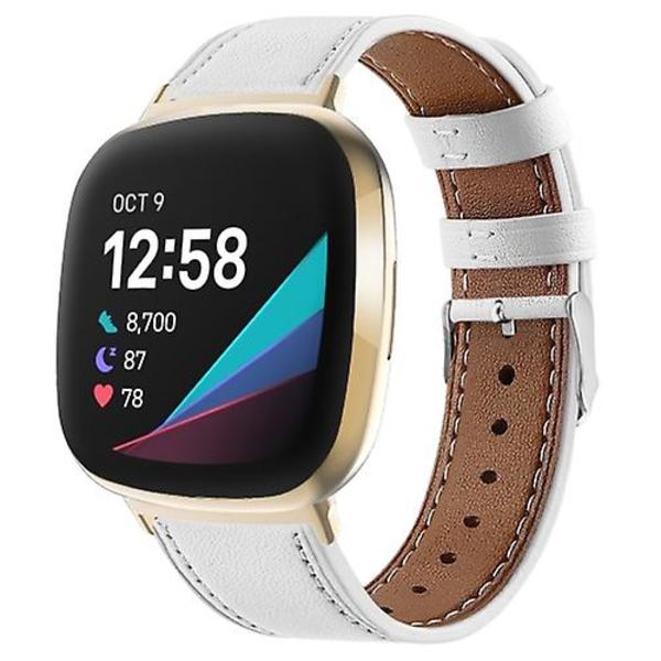 För Fitbit Versa 4 / Sense 2 Rund Svans Äkta Läder Klockarmband VST White
