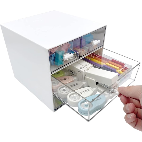 Mkeup / Skrivebordsarrangør med 4 skuffer, diverse arrangør, kosmetikarrangør, skrivebordsopbevaringsboks, fejemaskine eller kommode, hvid QBH-4CT-1 hvid
