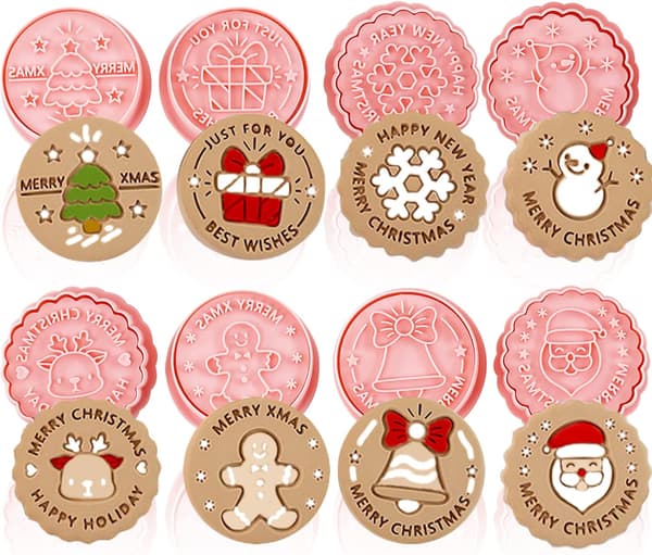 8 st Julkakformar med Stämplar Set 3D Jul Cirkelformade Kakformar Vinter Tecknade Kakstämplar Präglade för