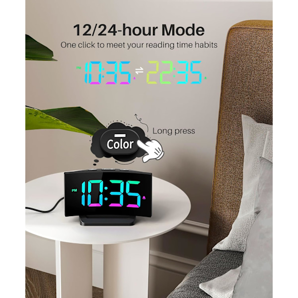 Digital väckarklocka för sovrum, digital klocka med modern kurva, iögonfallande 6 färger RGB-display, 5 nivåer ljusstyrka+av, 2 volymer, 3 larm X-dynamisk