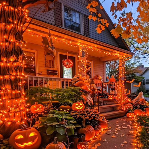 600 LED oransje solcelled Halloween-lys, 207 fot solcelled lysslynge utendørs vanntett, 8 moduser oransje Halloween-lys for utendørs trepatio