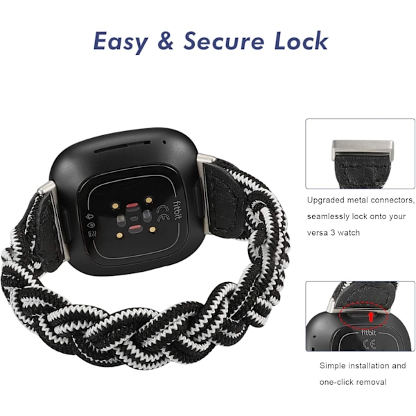 Elastiskt band kompatibelt med Fitbit Sense /Fitbit Versa 3 /Sense 2 /Versa 4 för kvinnor, smalt flätad rem i stretchig svartvitt XS-passform
