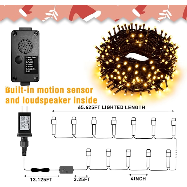 Julbelysning med musik, infraröd rörelsesensorstyrenhet med 6 lägen, vattentät för jul utomhus trädgårdsfestdekor, plug-in, varmvit