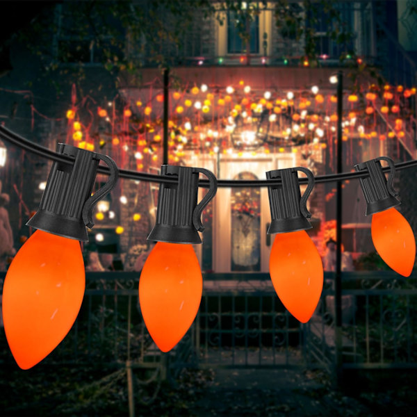 25Ft C7 Keramiske oransje Halloween-lys utendørs innendørs, flott som oransje lys for hjemmefest hagegårdsgjerde, med 27 stk keramiske oransje lys