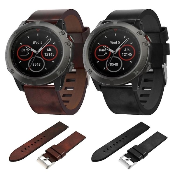 Til Garmin Fenix 5x Sapphire 26mm Læder Stål Spænde Urrem GBN Black