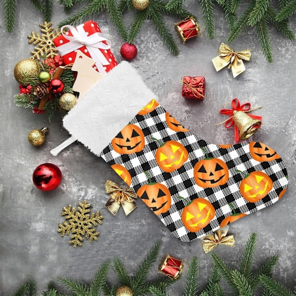 Jule-Strømpe, Personlige Jule-Strømper 2-pak Halloween Græskar Sort Buffalo Plaid 45,7 cm Jule-Strømper Hængende Ornament Pejs