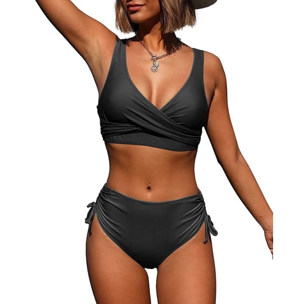 ASKSA Dam Baddräkt Set Crossover Rygg Baddräkter Badkläder Dragsko Sida Strandkläder Baddräkt, Svart, XL Black XL