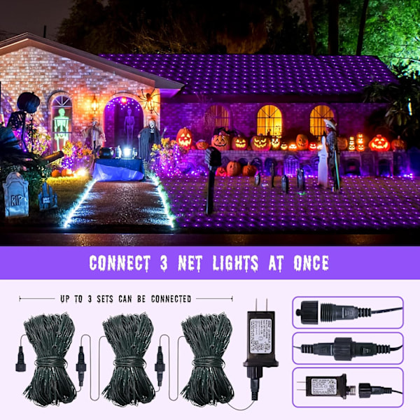 Lilla Halloween Net Lights til Udendørs - 360 LED Net Lights Vandtætte med Fjernbetjening, 12x5 ft Udvidelige 8 Tilstande Jule Net Lights med Grøn Ledning