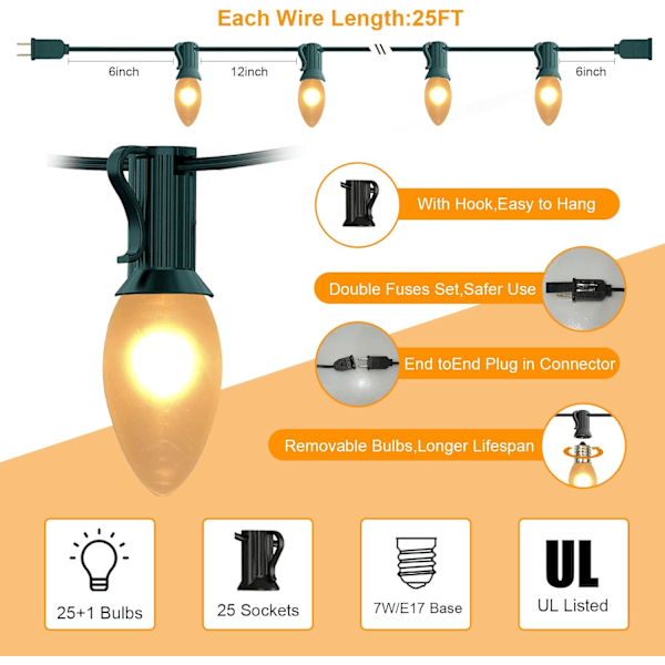 25 fot C9 frostede julelys, varmt hvite utendørs julelys med 26 pærer (1 reserve), C9/ E17 sokkel, gammeldagse julelys for C9