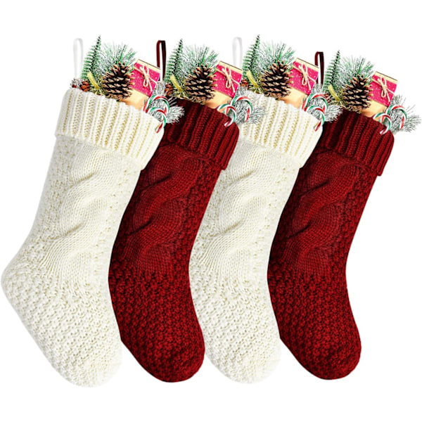 Pack 4. Unique Burgundy and Ivory White Knit Christmas Stockings 14"