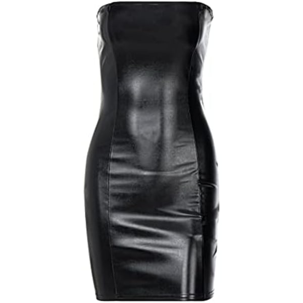 Kvinder Sexet Klubfest Stropløs Bodycon PU Læder Sort Rynket Latex Kjole