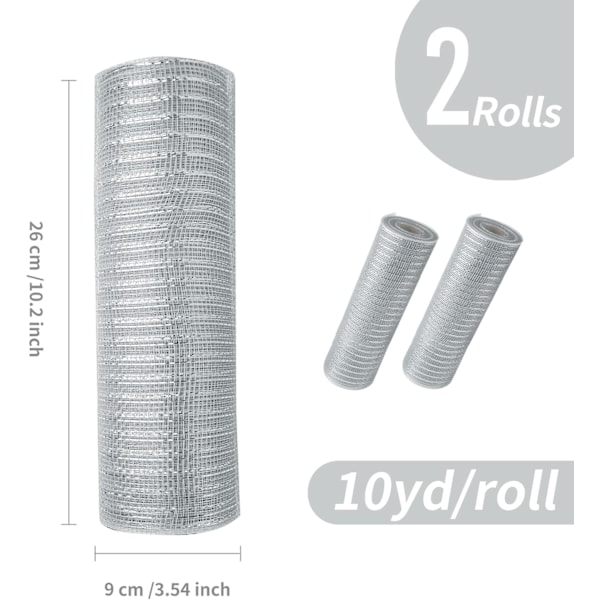 2 rullar grå silver deco mesh band 10 tum x 30 fot, grundläggande metallisk poly mesh