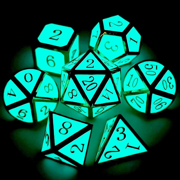 Glow in the Dark Glowing Blue Metal Dice Set D&D W/ Dragon Dice Bag