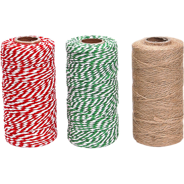 3 Rolls Christmas Cotton Twine and Natural Jute String Rope for Gift Wrapping