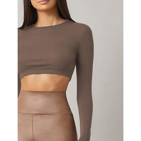 Kvinde Basic Langærmet Rund Hals Fitted Crop Top Tee Shirt