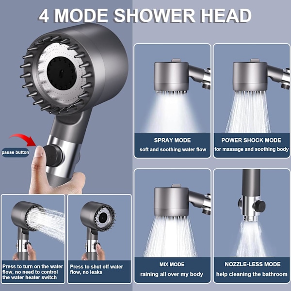 Hard Water Shower Pro - 4-Mode Højtryksbruserhoved m/ 1,5m Slange & Stativ - Filtreret Massagespray m/ Pause (Grå)