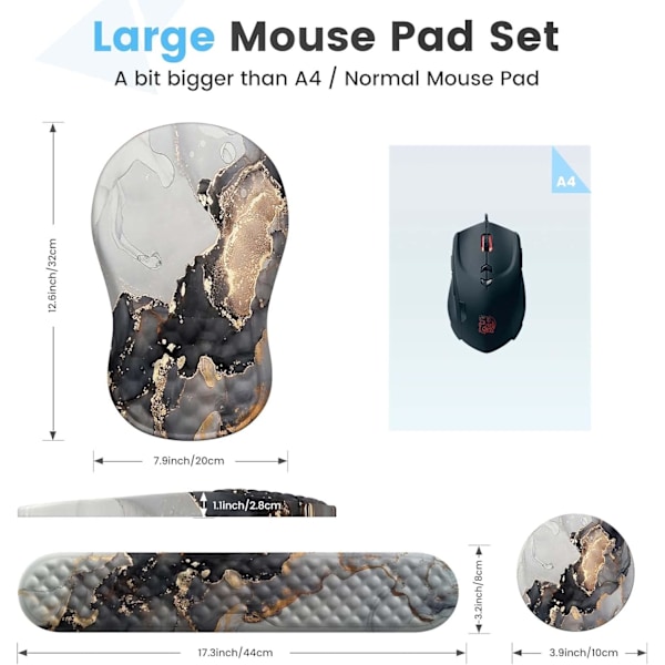 Musmatta handledsstöd och tangentbords handledsstöd, 3 st datormusmattor för skrivbord med underläggsset, ergonomiskt minnesskum musmatta med marmor