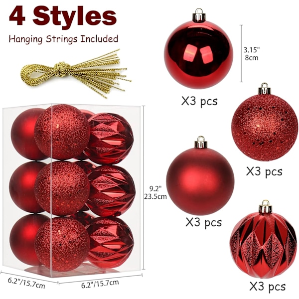 12 st 3,15\" julgranskulor julgransdekorationer krossäkra röda julgran