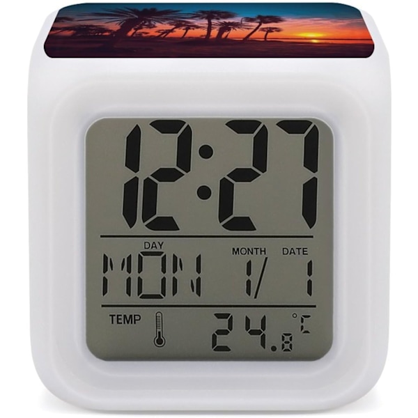 LED Alarm Clock, Palm Tree Sunset Print Multicolor Alarm Clock Geometric Alarm Clock Bedroom Alarm Clock Silent Alarm Clock White White