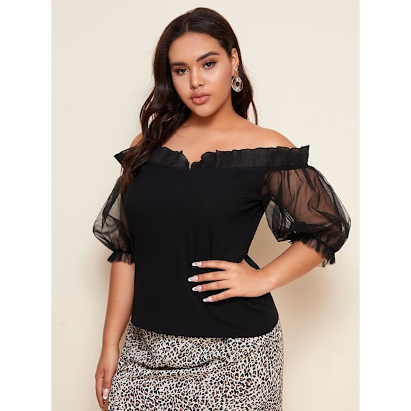 Kvinde Plus Størrelse Off Shoulder Sheer Mesh Puff Korte Ærme Bluse Toppe