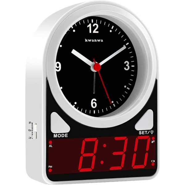 Väckarklocka, Analog klocka & LED digital klocka, Tyst klocka, Ljussensor LED klocka, Snooze, 12 timmar, Väckarklocka för sovrum, vardagsrum, Vit