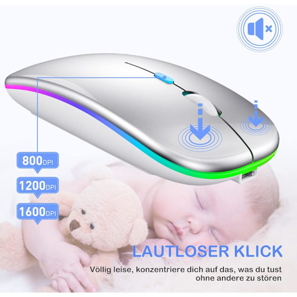 Trådlös Bluetooth-mus med LED-belysning. Uppladdningsbar bärbar optisk