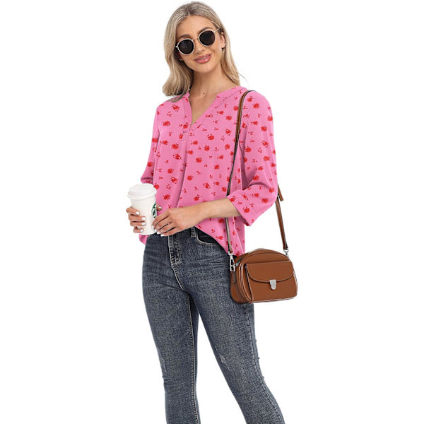 Damtoppar Casual Chiffon Blusar Toppar 3/4 Ärm V-Ringad Tunika Topp Lös Skjorta