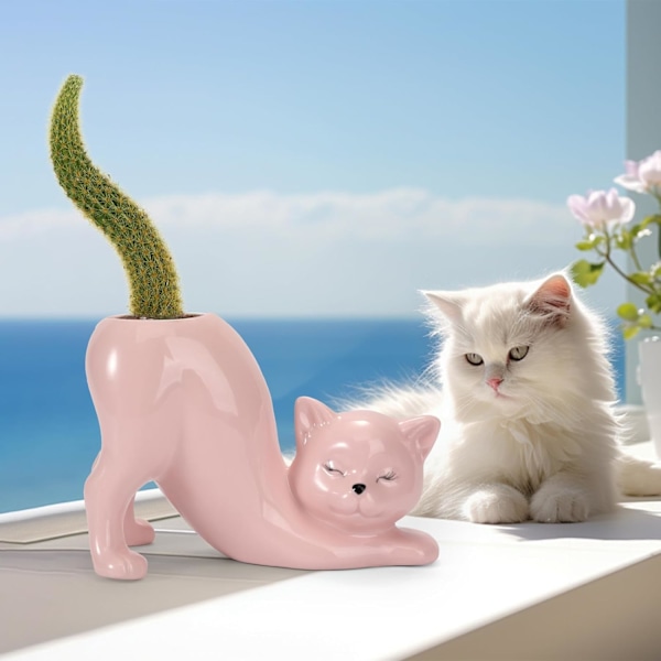 Unik katt blomsterpotte, innendørs og utendørs planteutstillinger, morsom keramikk katt blomsterpotte, kattegaver for katteelskere, nydelig kontorbord rom rosa