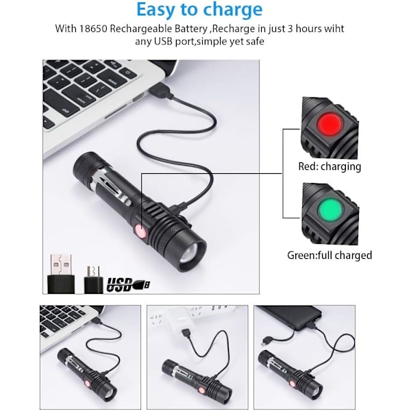 USB genopladelig lommelygte, LED-lommelygter Super Bright