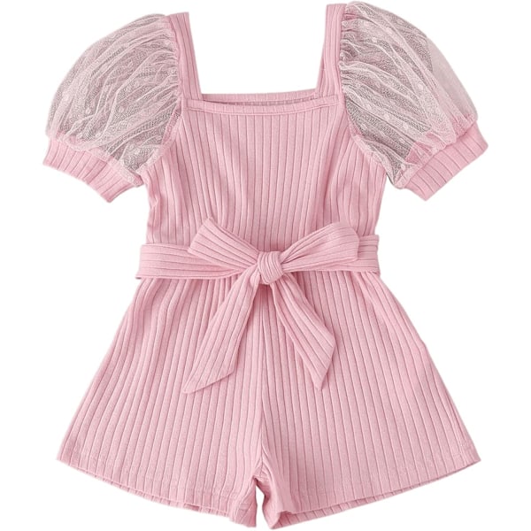 Girl's Puff Sleeve Ribbed Knit Tie Front Belted Short Romper Jumpsuit