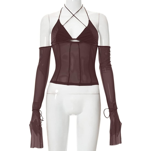 Kvinners Sexy Mesh Patchwork Langærmet Halter Crop Cami Top Ryggløs Selvbinding