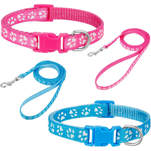 2 Packs Dog Collar and Leash Set, Puppy Collar and Lead Set Quick Release Buckle Adjustable Paw Print Puppy Collar Soft Nylon Pet Collar for