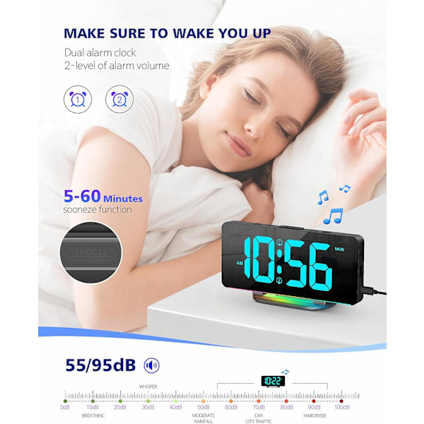 Til soveværelser, stort digitalt LED-display med 10 farvers nattelys, 2 USB-porte, dæmper, dobbelt alarm, nem at indstille til børn, teenagere, drenge, piger, sort