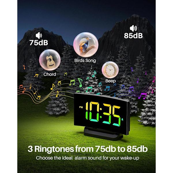 Digital väckarklocka för sovrum, digital klocka med modern kurva, iögonfallande 6 färger RGB-display, 5 nivåer ljusstyrka+av, 2 volymer, 3 larm X-dynamisk