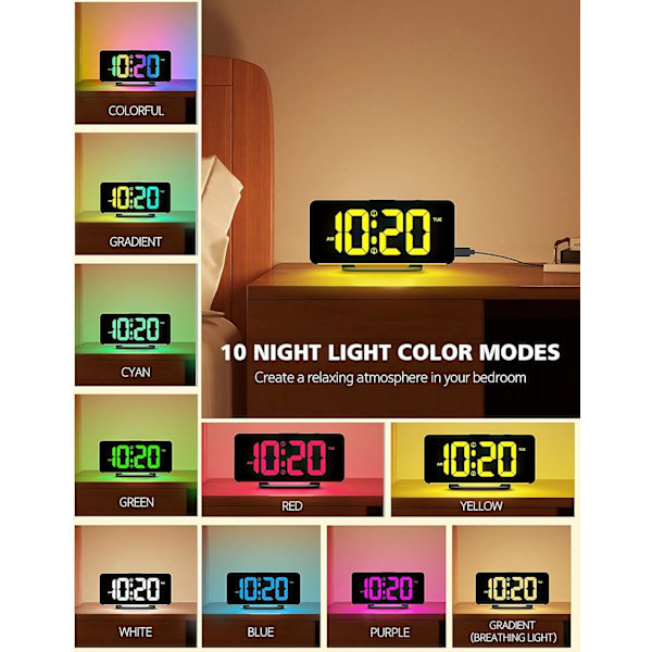 Til soveværelser, stort digitalt LED-display med 10 farvers nattelys, 2 USB-porte, dæmper, dobbelt alarm, nem at indstille til børn, teenagere, drenge, piger, sort