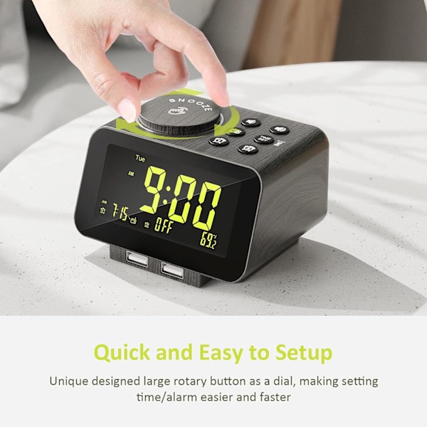Väckarklockradio för sovrum - 000 % dimmer, 2 USB-laddare, dubbelalarm med vardags-/helgläge, FM-radio med automatisk avstängningstimer, batteribackup, trä