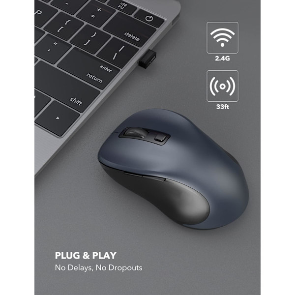 Trådløs mus for bærbar PC, 2,4 GHz ergonomisk datamus med 3