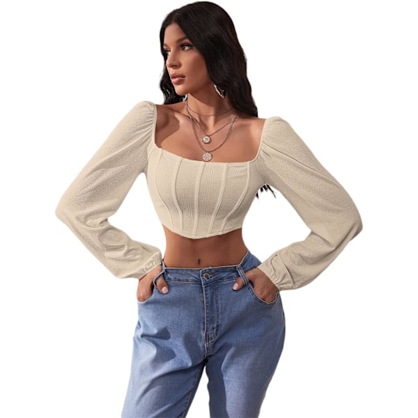 Kvinners langærmet Crop Top Tee Square Neck Basic T-shirt