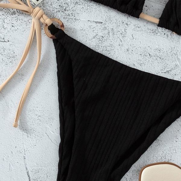 Kvinnors Triangel String Bikini Ribbad O Ring Tie Sida Tvådelad Baddräkt