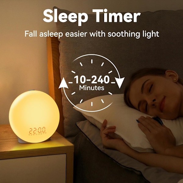 Soluppgångslarm för tunga sovare och barn, väckningsljus för sovrum med soluppgång och solnedgångssimulering, sömntimer, dubbla larm och FM-radio,