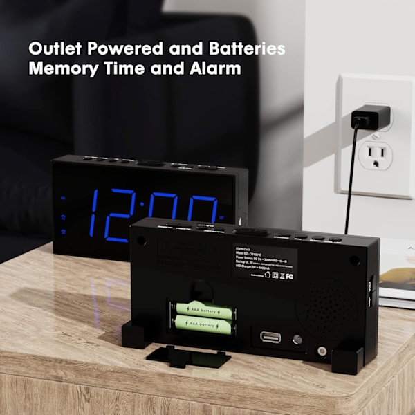 Digitalt vækkeur, højt dobbelt vækkeur til soveværelse, 7,5\" elektronisk stort display med dæmper, USB-oplader, baery-backup, 12/24/DST, digital