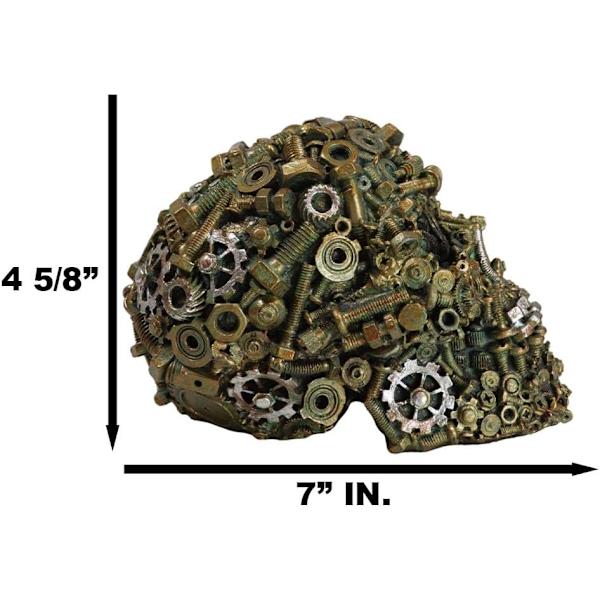 Ebros Steampunk Junkyard Mekaniker Gear Møtrikker Bolte og Skruer Hardware Skull Dekorativ Figur 7\" L i Bronze Patina Resin Macabre Dekor Kranier og