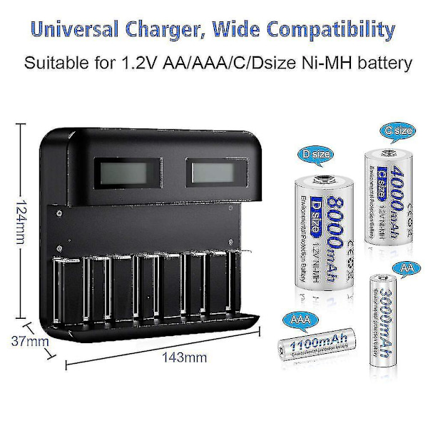 Lcd Universal Batterioplader - 8 Bay Aa /aaa /c /d Batterioplader