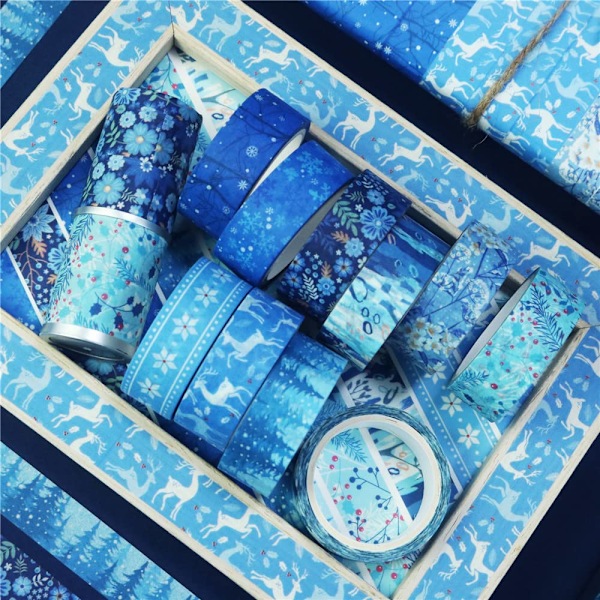 Vinter Washi Tape Set 10 rullar - Blå Vit Snöflinga Blomma Trä Dekorativ Tejp för Hantverk