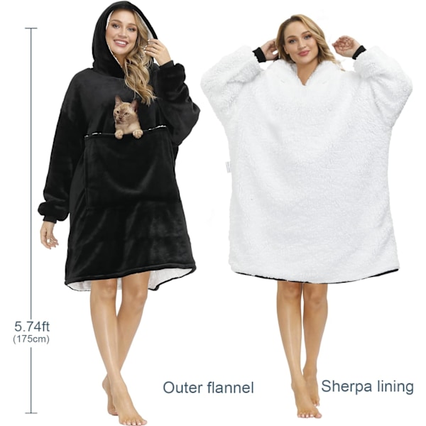 Bærbar teppegenser, oversized Sherpa sweatshirt teppe med hette og lomme